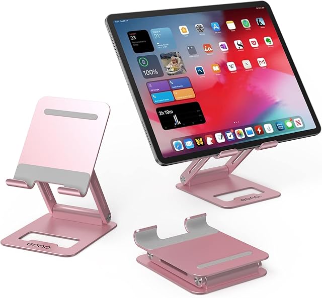 Amazon Brand - Eono Adjustable and Foldable Tablet Stand, Adjustable Aluminum Mobile Phone/Tablet/Desk Holder for iPad Air Mini Pro, iPhone 14 Pro iPhone13 12 iPhoneSe(4.7 - 12.9 Inch) - Pink