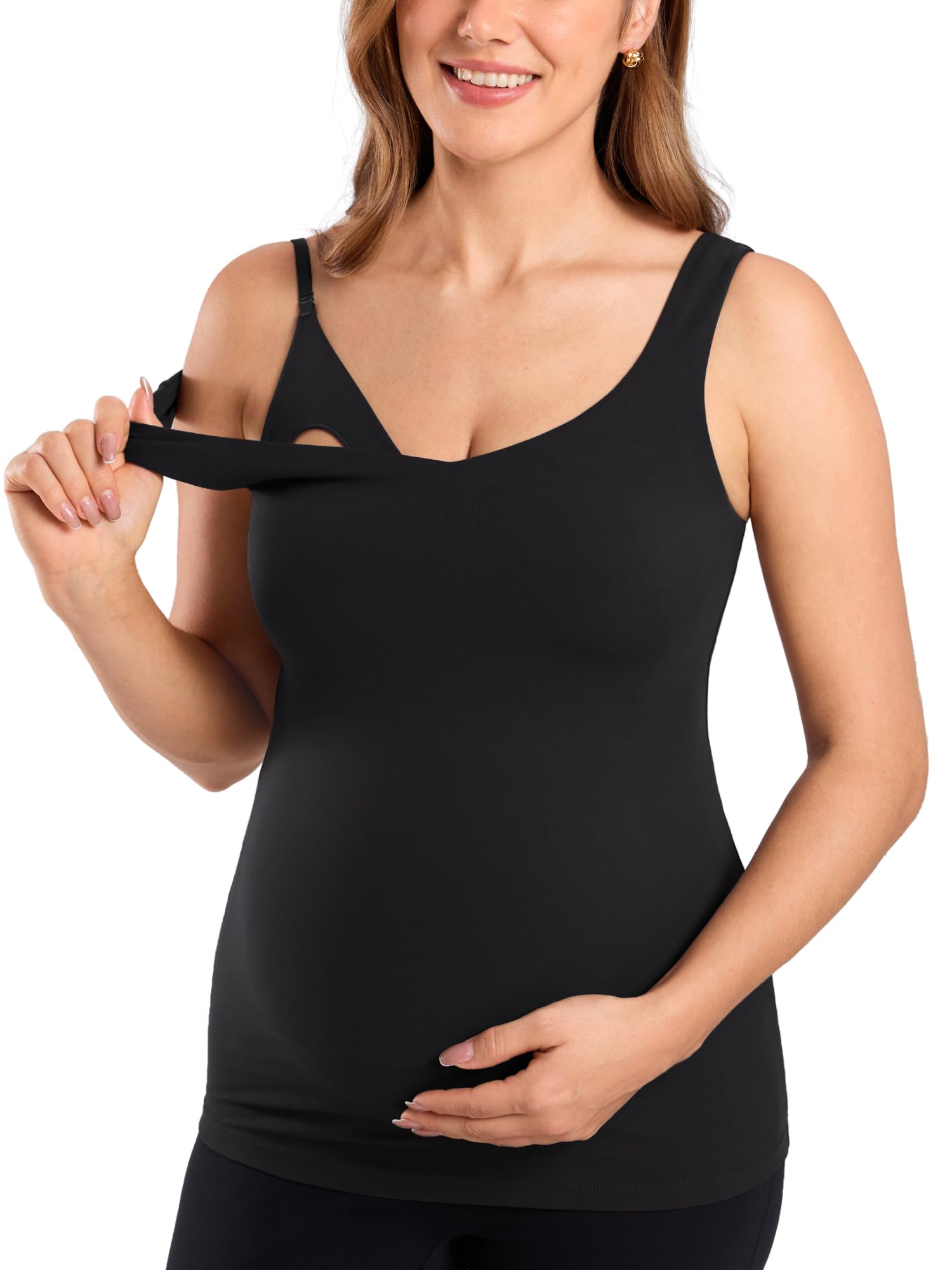 MOMANDA Maternity Nursing Tank Tops with Built in Bra Sleeveless Casual Pregnancy V Neck Breastfeeding Vest Top Black 12