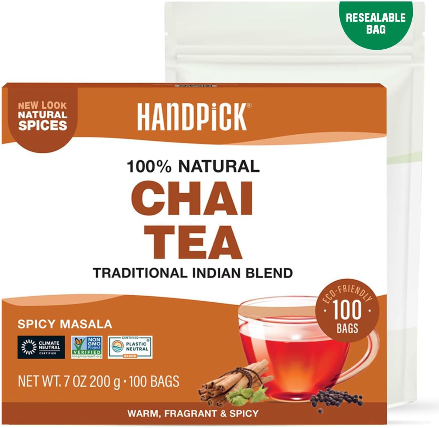 HANDPICK Masala Chai Tea Bags (100 Count) Strong Robust & Aromatic, Blended with Exotic Spices, Cinnamon, Black Pepper, Cloves & Cardamom - Premium Quality Eco-conscious Round Bags