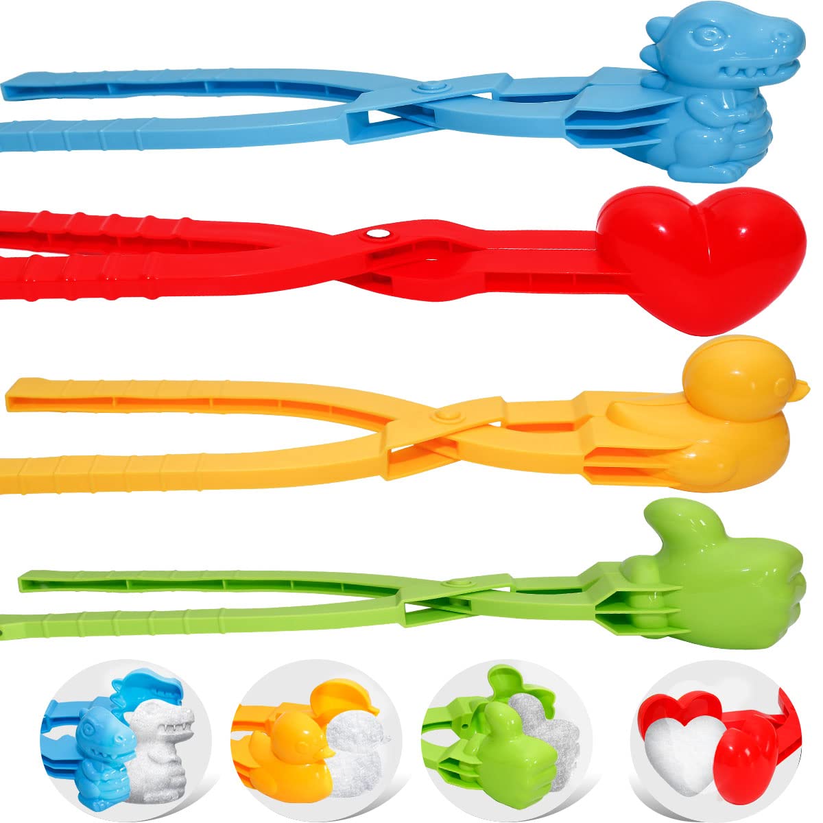 Holady 4PCS Large Size Snowball Maker Clip,Snowball Maker Tool with Handle for Snow Ball Fights, Snow Toys Kids Winter Outdoor Toys（Dinosaur, Love