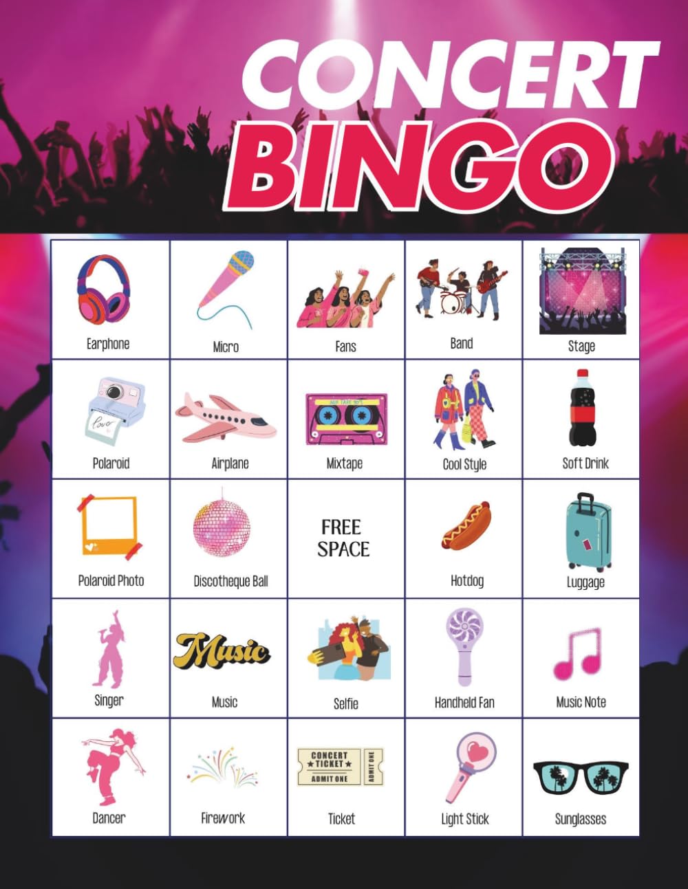Concert Bingo Game: Perfect for Concert themed party, Music Festival, Fan Event Goodie Bag Fillers, Tour Tailgating