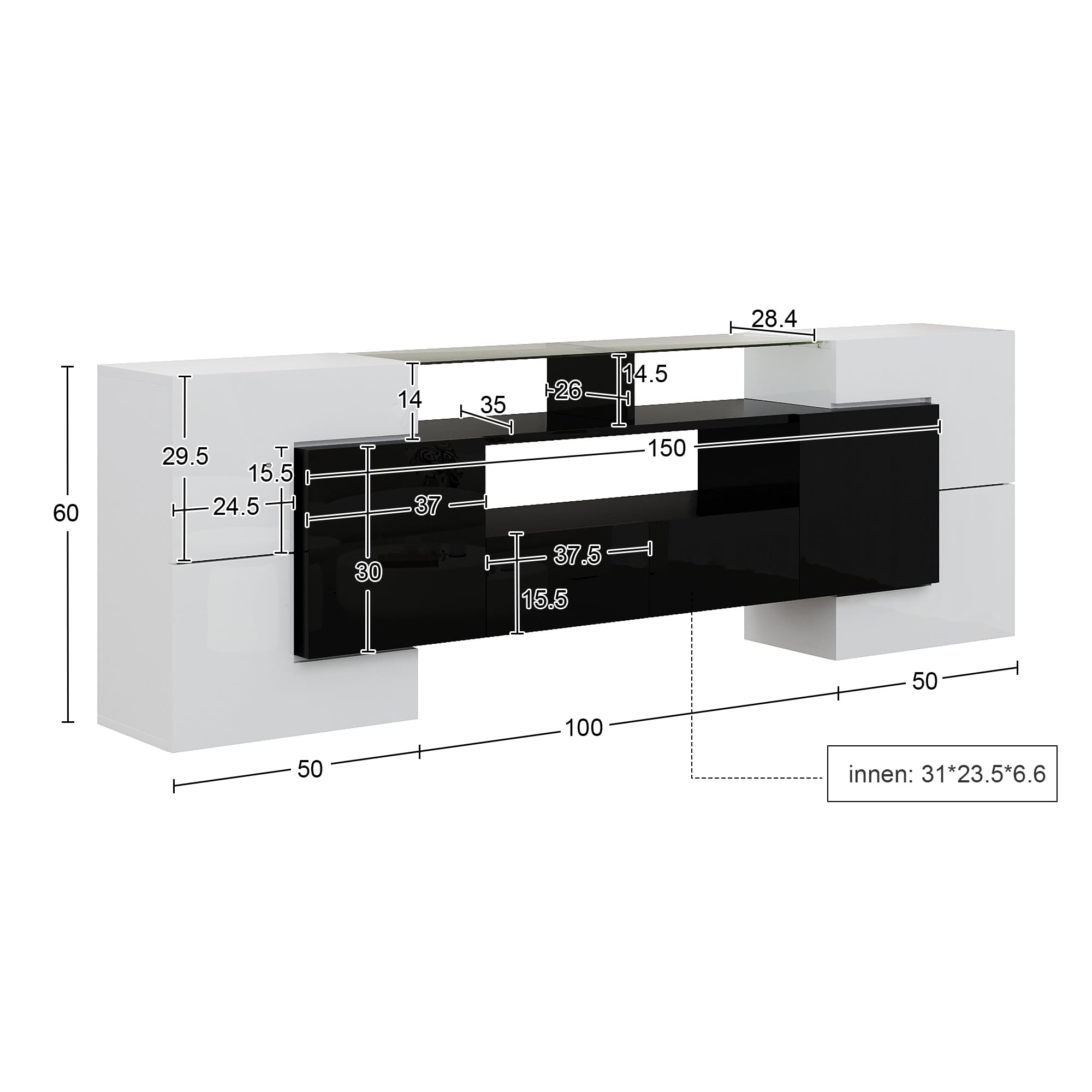 Lowboard per TV moderna, larghezza 200 cm, bianco lucido e grigio, con illuminazione LED RGB, 6 ante e 2 cassetti, armadietto multimediale (bianco+nero + MDF)