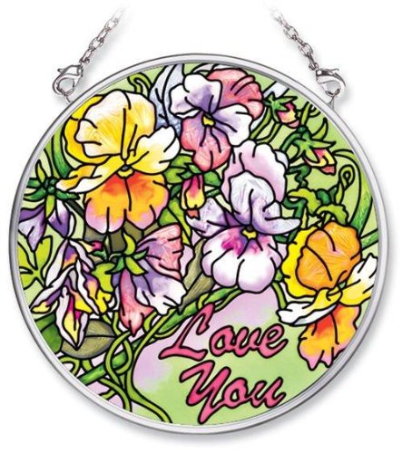 Amia Hand Painted Glass Suncatcher with Pansy Floral Design, Love You, 3-1/2-Inch Circle