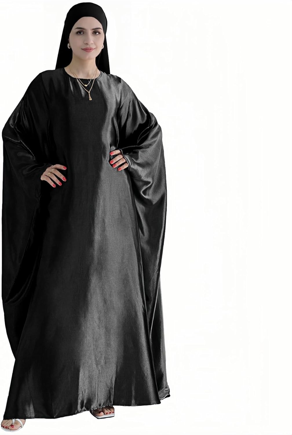 Abaya Muslim Women Dress Satin Batwing Sleeve Kaftan Maxi Arabian Dubai Islamic Ramadan Prayer Dress with Hijab Scarf
