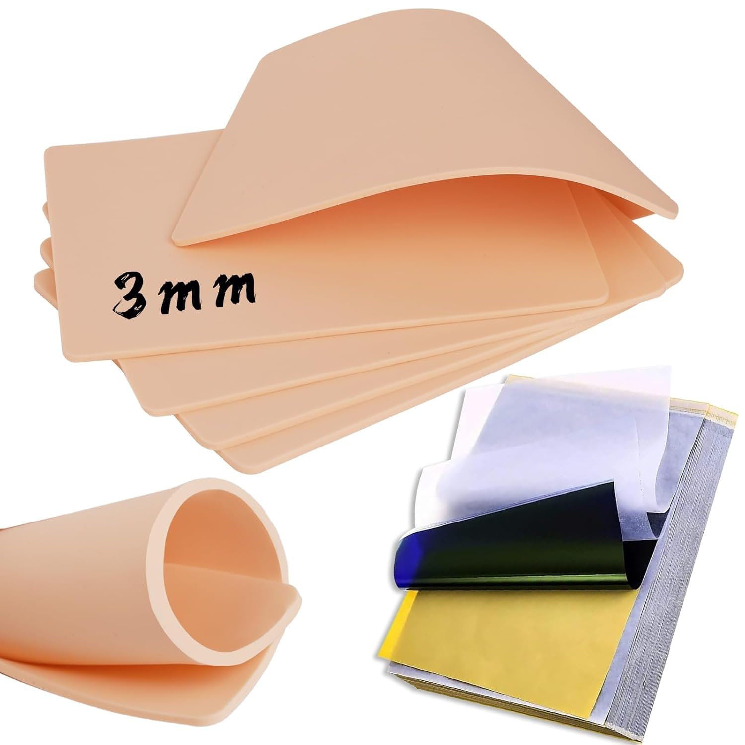 35 piezas 3 mm de piel sintética con papel de transferencia – 5 unidades de piel de ejercicios de tatuaje de 3 mm con 30 plantillas de papel