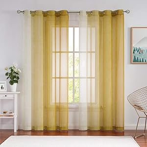 Nottingson Home Ombre Sheer Curtains Mustard Yellow and Orange Curtains 84 Inches Long for Living Room Faux Linen Textured Gradient Print Window Treatment Sets for Bedroom Grommet Top,54
