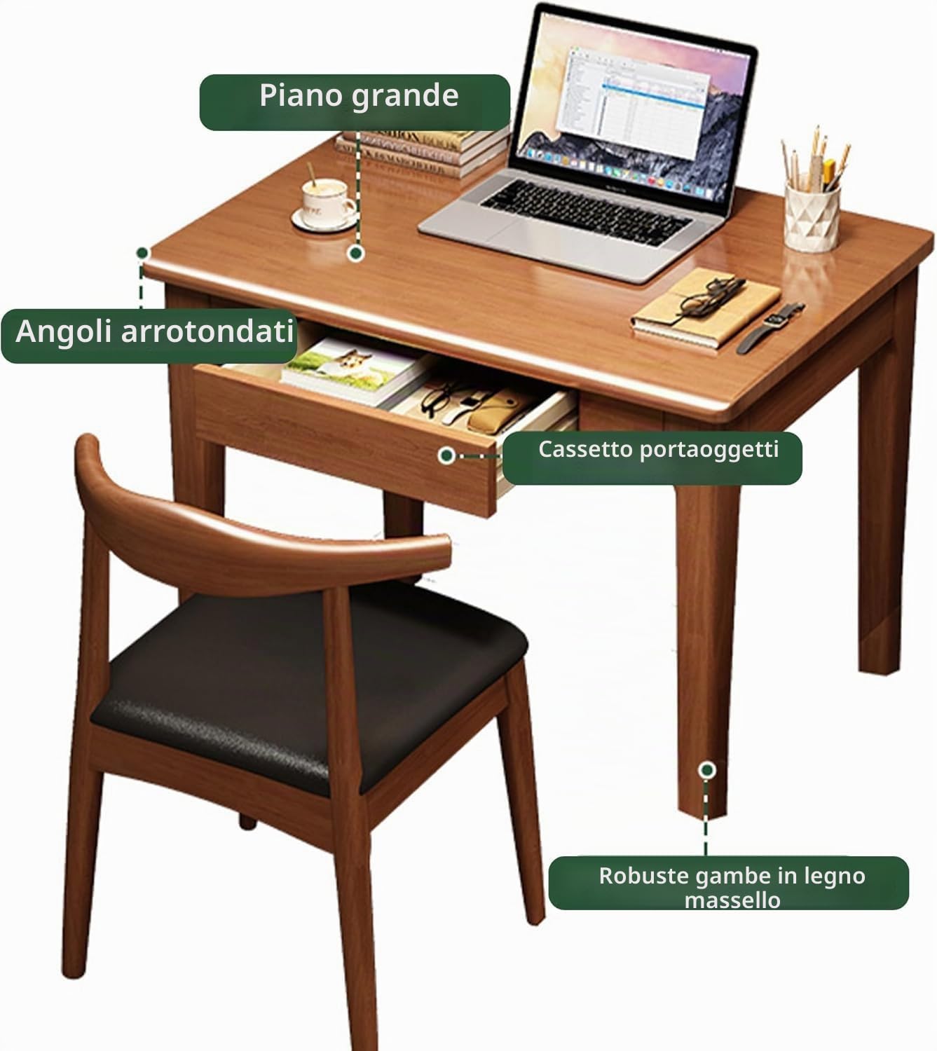 Scrivania moderna in legno massello di metà secolo, tavolo da studio con cassetto portaoggetti, per casa e ufficio compatto (100 cm)