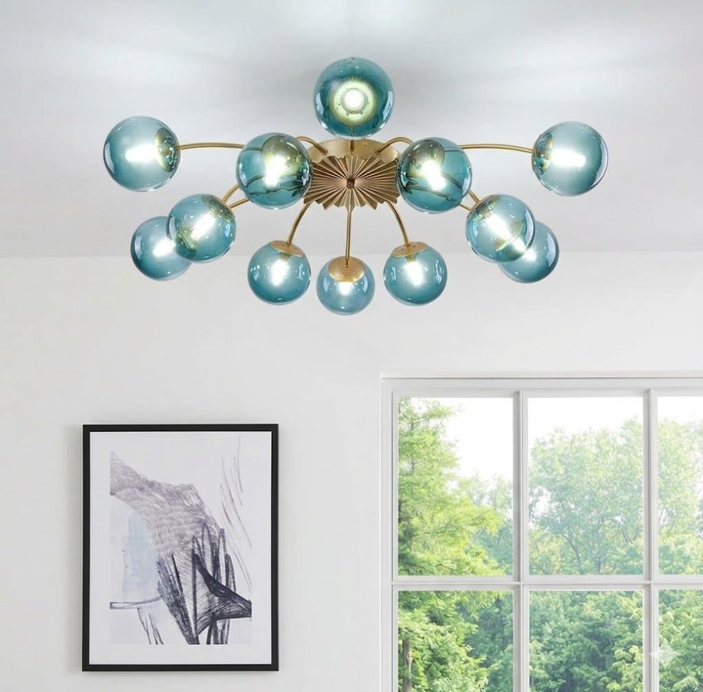 12-Light Sputnik Ceiling Light Fixture, Mid Century Modern Semi Flush Mount Bubble Chandelier with Teal Glass Globes, Gold Brushed Brass Hanging Light for Living Room (Blue, 12 Light)