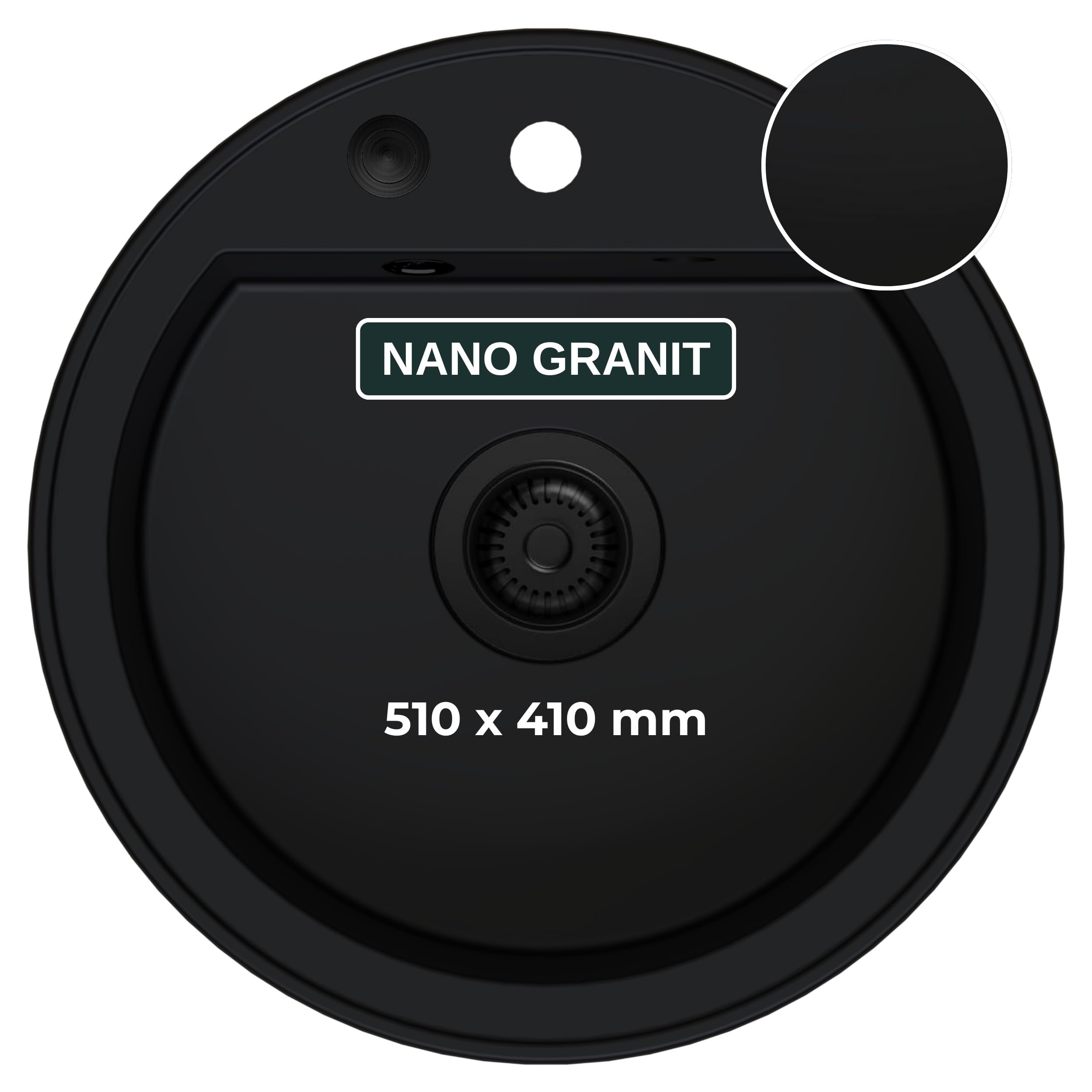 SINK QUALITY - Lavello rotondo in granito, diametro 51 cm, sifone nero e impermeabilizzante inclusi, lavello da cucina rotondo in granito, per sottolavelli a partire da 55 cm di larghezza, lavello da