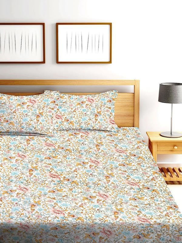 Image of la' amour Cotton 220 TC Flat Double Bed Bedsheets for Summer Breathable | Wrinklefree (Size- 228 x 230 Cm) with 2 Pillow Covers (Size-17 X 27 Inches, Floral, White and Pink)