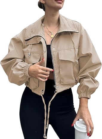Womens Jackets Full Zip Up Cropped Jacket Drawstring Hem Utility Lightweight Anorak Coat with Pockets