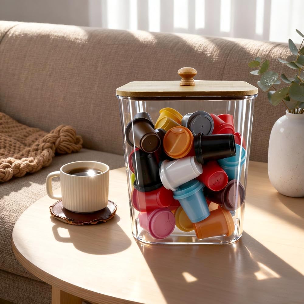 2 Pack Clear Coffee Pod Holder With Bamboo Lids Plastic K Cup Organizer Large Capacity With Wooden Base For Kitchen Countertop, Cafe Bar Organizer, Office Desktop