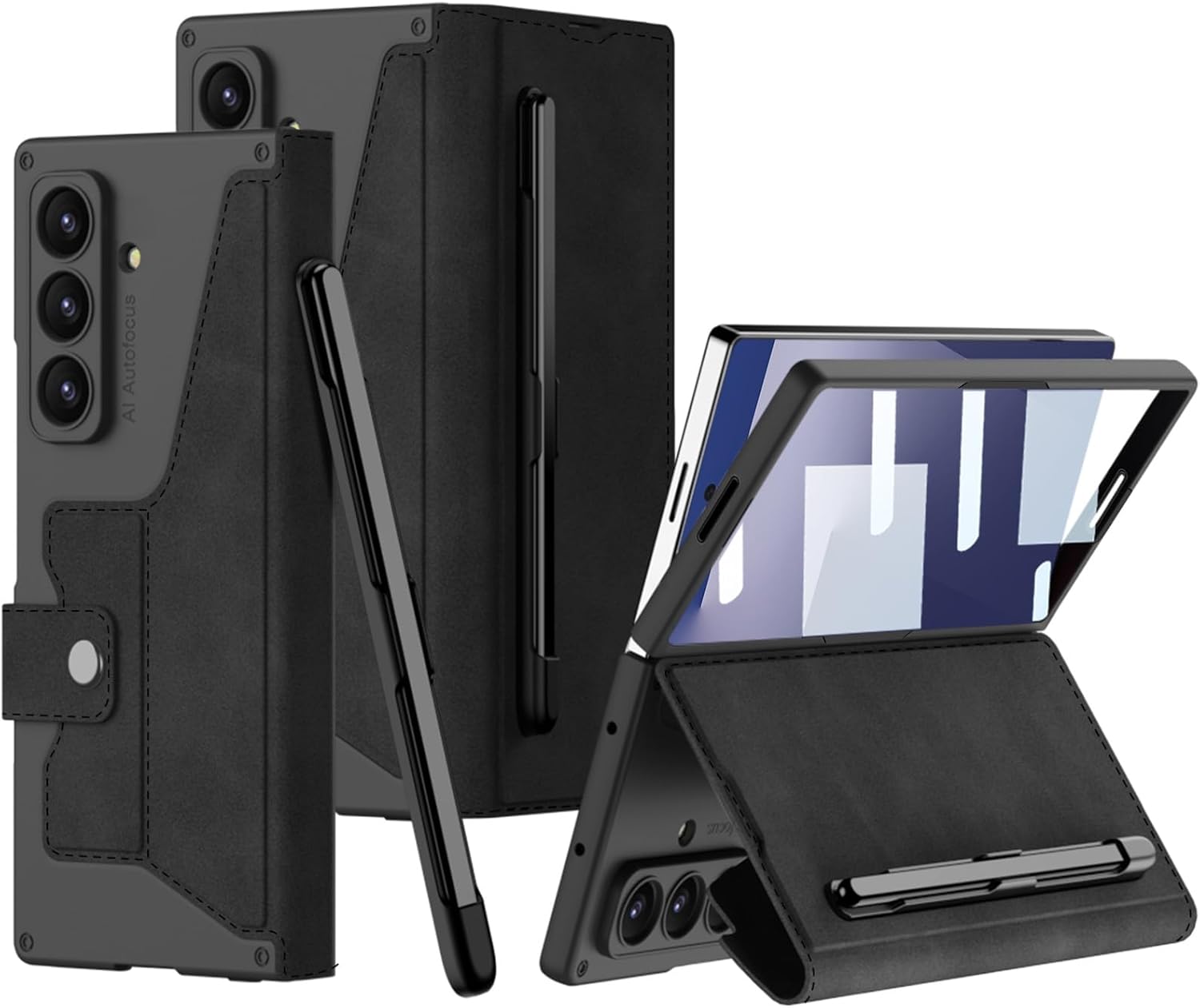 DEMCERT for Samsung Galaxy Z Fold 7 Case with [ Pen ], Armor Full Body Protective [Removable Pen Slot], Anti-Scratch Hard Slim Leather Bracket Case with Screen Protector (Carbon Fibre)