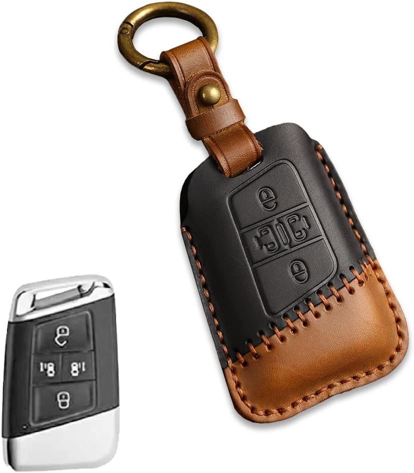 Handmade Leather Key Fob Case Cover for VW Tiguan Passat Golf Alltrack Atlas 2018-2022 4 Buttons With Keychain