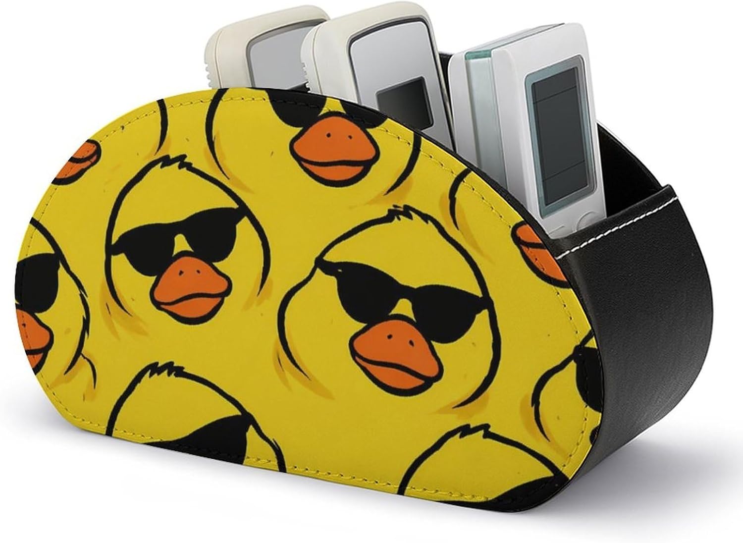 Funny Sunglasses Yellow Rubber Duck Remote Control Storage Box Pu Leather Desktop Storage Box 5 Compartments Decorative