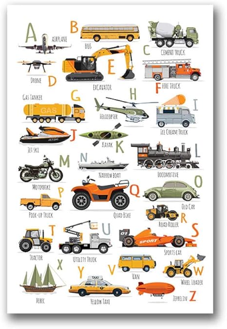 Amazon 車のアルファベットプリント子供教育ポスター学習手紙abc輸送トラックアートキャンバス絵画キッズボーイズ壁の装飾50 70センチフレームなし ウォールステッカー オンライン通販