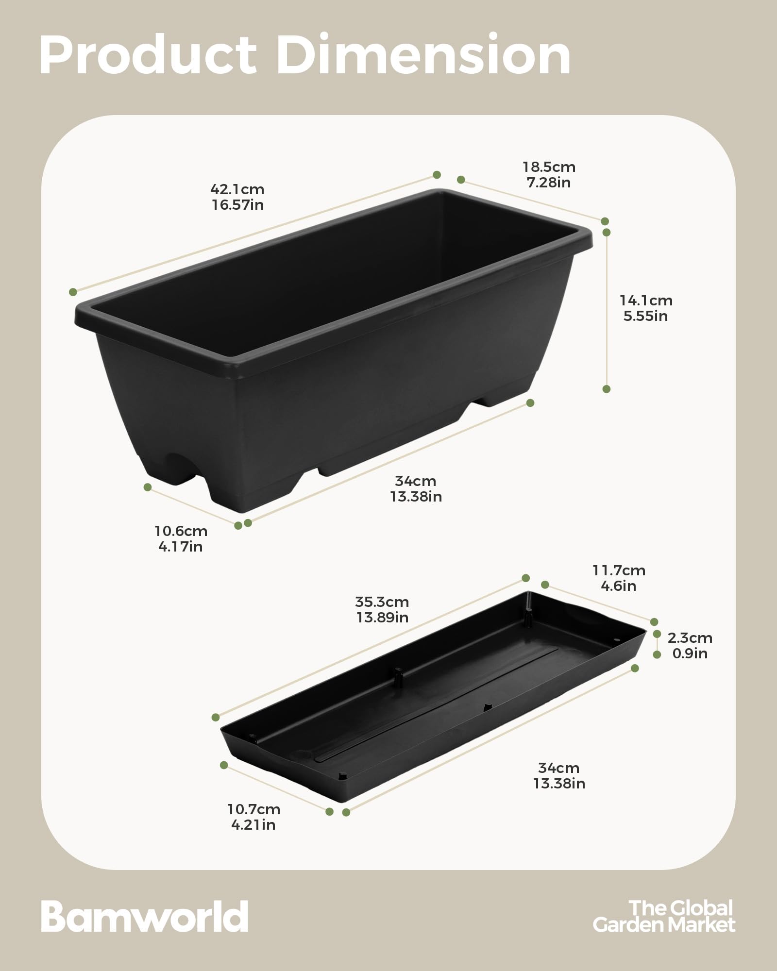 Bamworld 7 Jardinières de Fenêtre, 43 cm Jardinière Rectangulaire à Drainage, Bac à Fleurs Plastique pour Appui de Fenêtre Balcon Terrasse, Noir