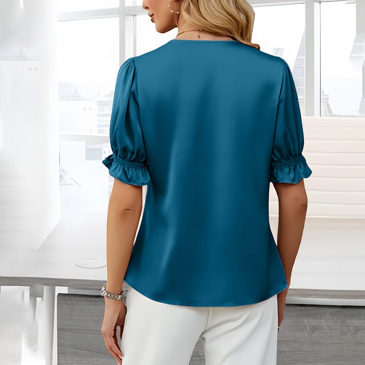 Women's Blouses Dressy Casual Satin Silk Short Sleeve Shirts Business Casual Tops