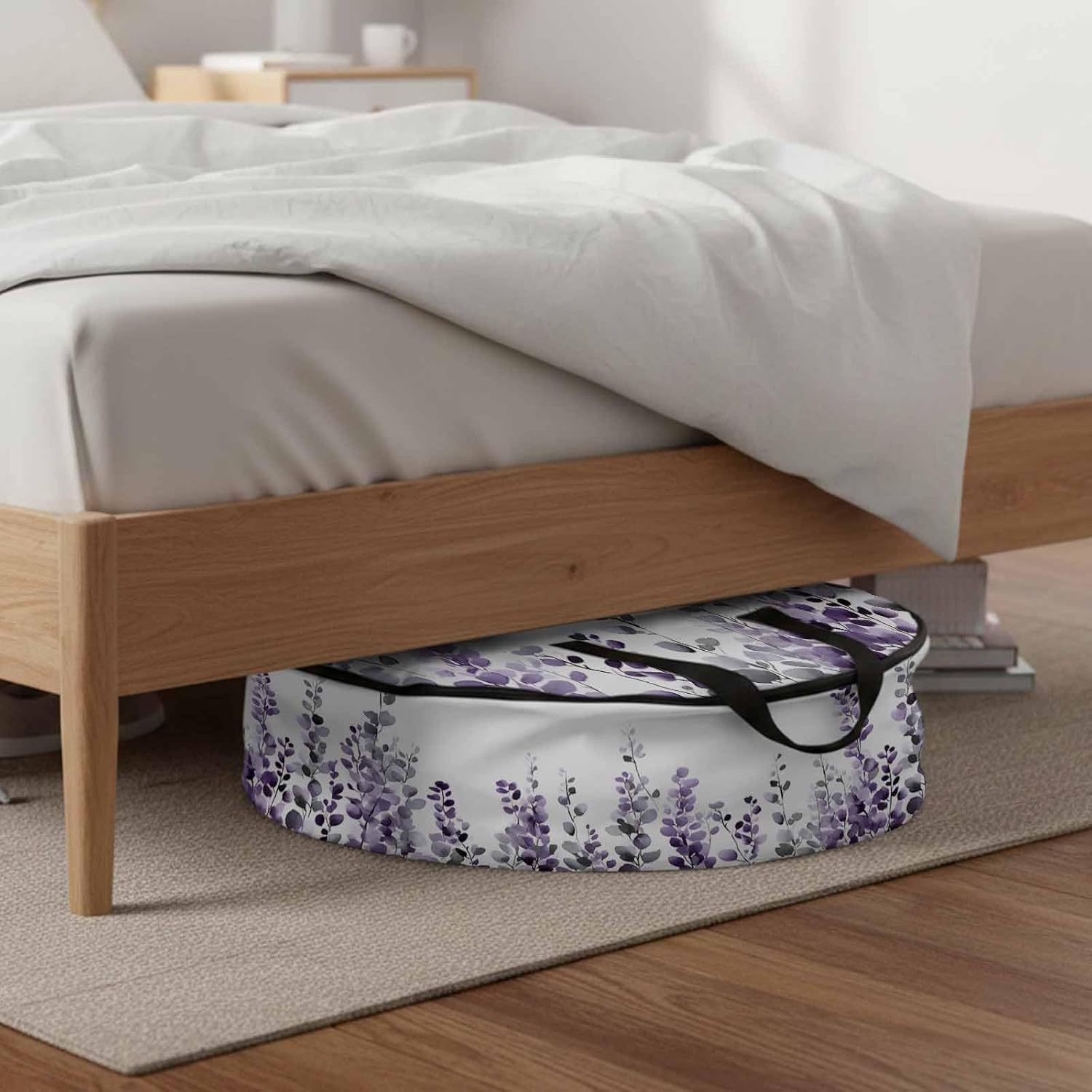 Dark Purple Round Storage Bag 36 Inch, Eucalyptus Leaves Watercolor Plants Country Clothes Storage Container with Handles Heavy Duty Organizer for Comforter, Bedding & Holiday Wreaths