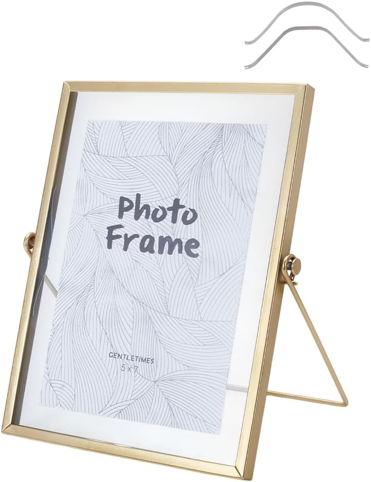 OLYCRAFT 9x7.5 Inch Glass Picture Frame Vertical Gold Metal Photo Frame Simple Metal Geometric Picture Frame Tabletop Shelf Photo Frames with Glass Front Frames for Home Office Wedding Desk Stand