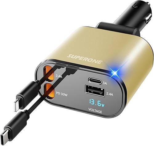 Miniatura 9 de SUPERONE Cargador retráctil para automóvil, 4 en 1, cargador de teléfono de coche de carga súper rápida con cable de 2.6 pies, 2 puertos USB,