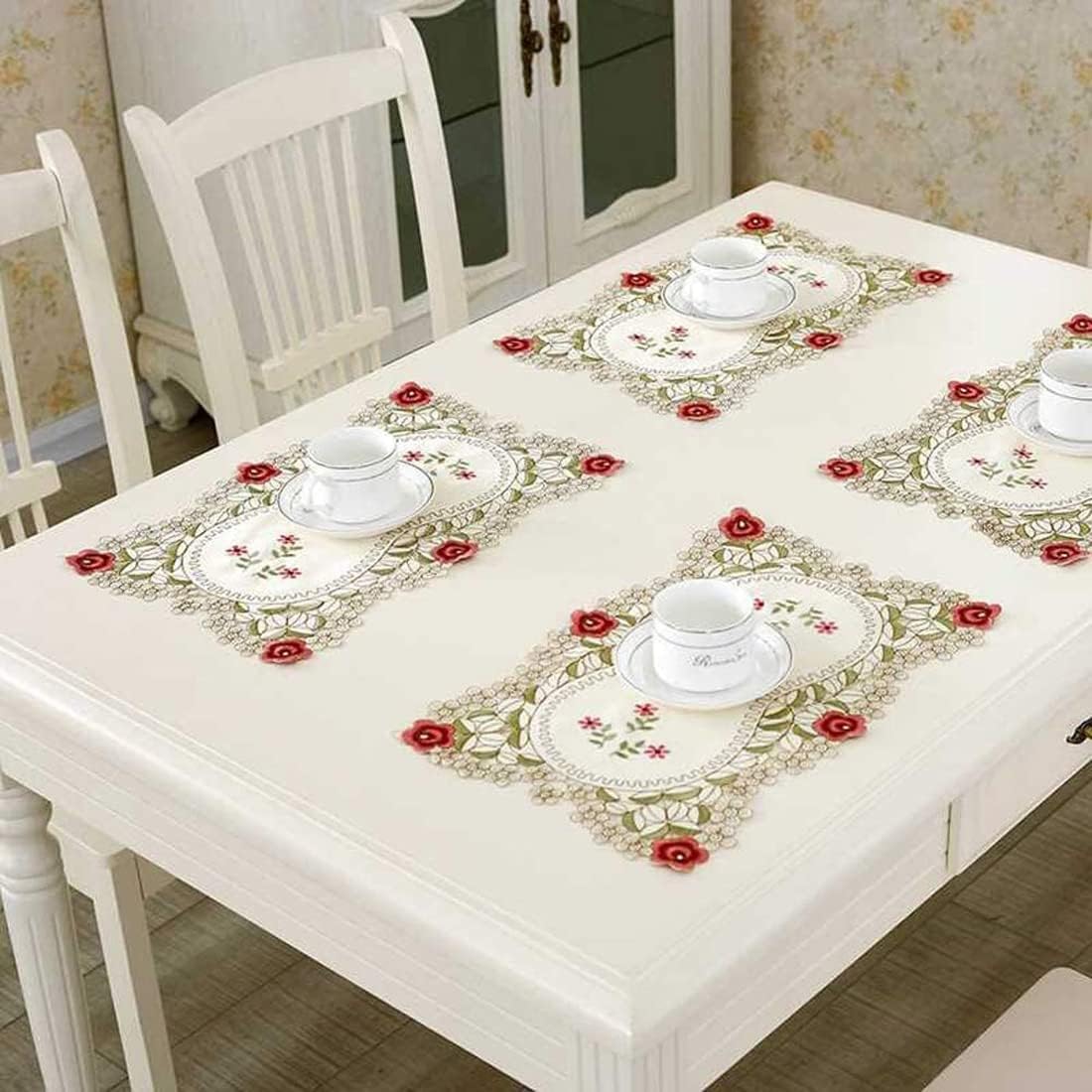 LeLehomeSet of 4 Flower Embroidered Placemats, Oblong Red Rose Lunchmats Place Mats, Home Kitchen Dining Restaurant Party Indoor Decor Table Mats, 18 Inch X 12 Inch