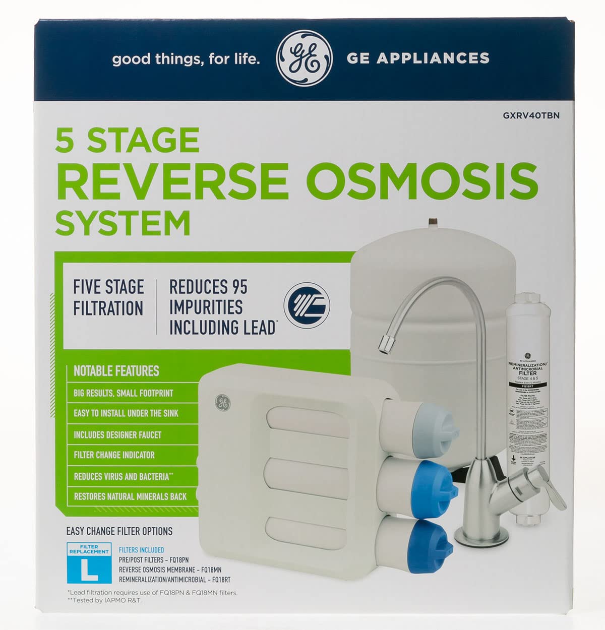 GE 5-Stage Reverse Osmosis Under Sink Water Filtration System with Faucet | Reduces 95 Impurities Including Lead, Chlorine, Arsenic | Filters (FQ18PN, FQ18MN, FQ18RT) | GXRV40TBN
