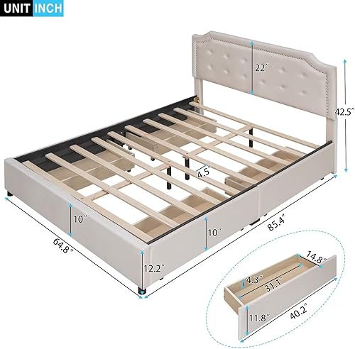 Miniatura 2 de Zaboro Queen Size Platform Bed Upholstered Bed Frame with 4 Storage Drawers and Button Tufted Headboard Modern Storage Bed with Sturdy Slats Support
