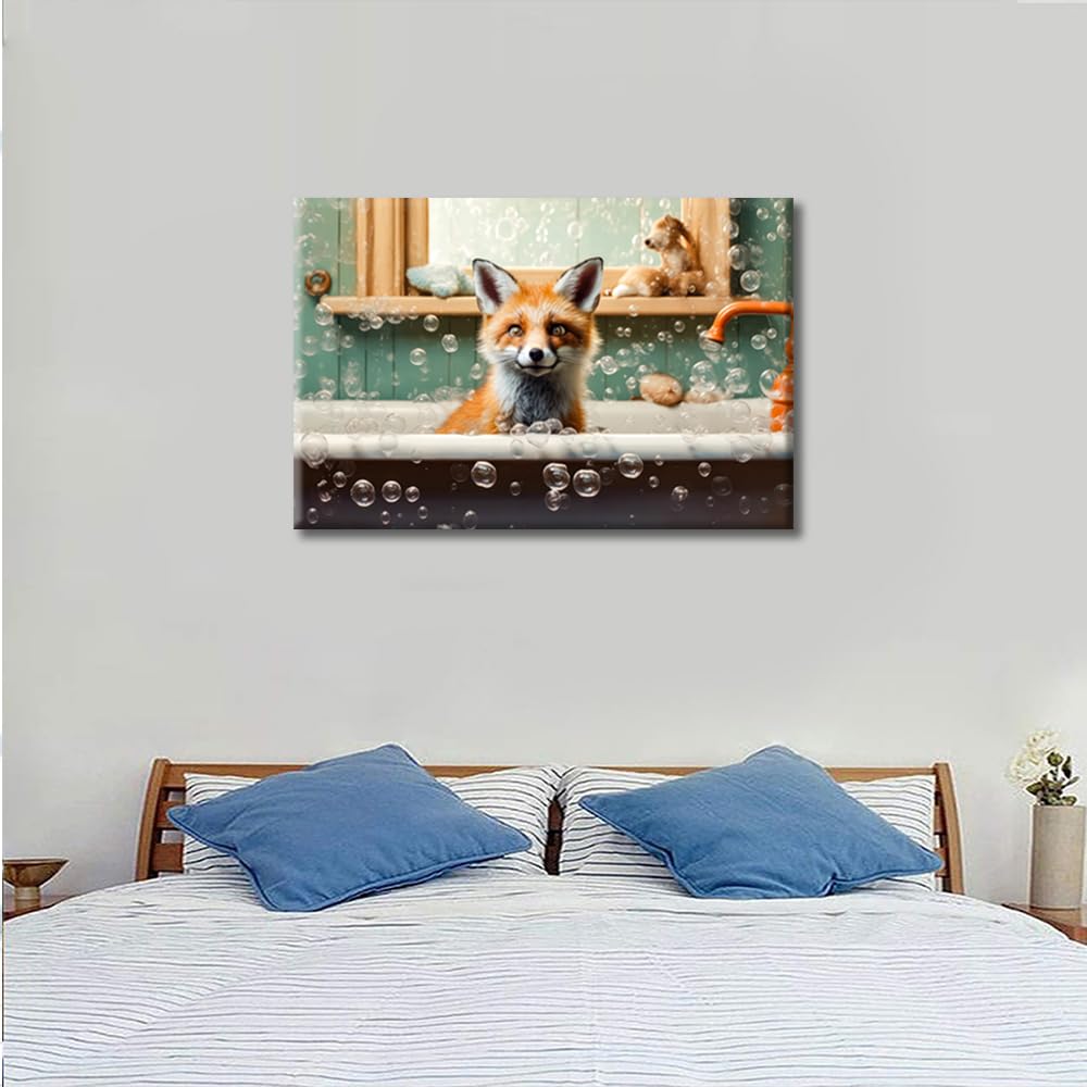 Bathtub Animal Fox Wall Decor Fox Takes a Bath in the Bathtub Bathroom Wall Art Canvas Paintings Boho Canvas Pictures Artwork Modern Home Decor Posters & Prints Framed Ready to Hang (16"Wx24"H) - Image 4