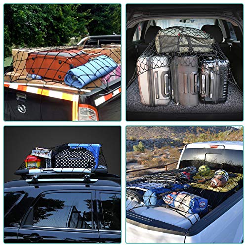 4x6ft Bungee Cargo Net for Pickup Trucks, 5mm 4”X4” Mesh Super Duty Stretches to 8x12ft Elasticated Mesh Net with 14Pcs D Clip Carabiners for Pickup Trucks SUV Beds Trailers