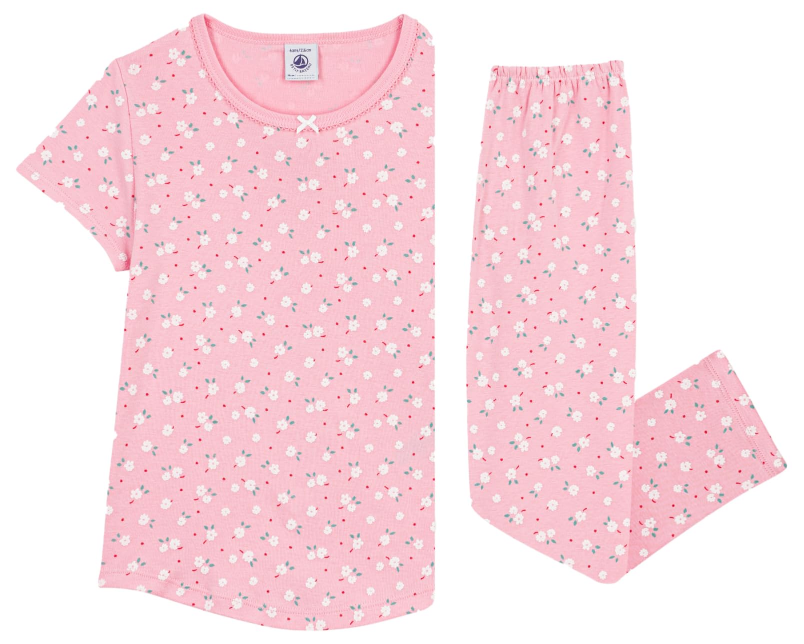 Pe Bateau Schlafanzug für Kinder, aus Baumwolle, kurzärmlig, Lange Beine, Bedruckt, 8A, Rosa/Mehrfarbig