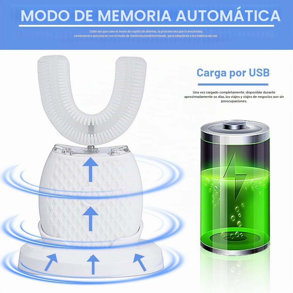 Cepillo de Dientes Ultrasónico Automático, Cepillo de Dientes Eléctrico Ultrasónico Automático de 360° en Silicona Forma de U, 3 Niveles de Intensidad, 45 S Temporizador, IPX7 Impermeable