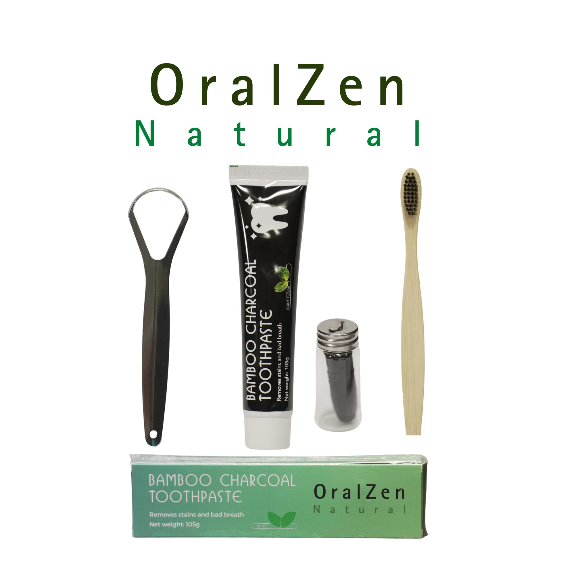 OralZen Total Dental Care Kit – Fluoride-Free Charcoal Toothpaste with Bentonite Clay, Bamboo Toothbrush, Stainless Steel Tongue Scraper & Dental Floss for Complete Oral Hygiene