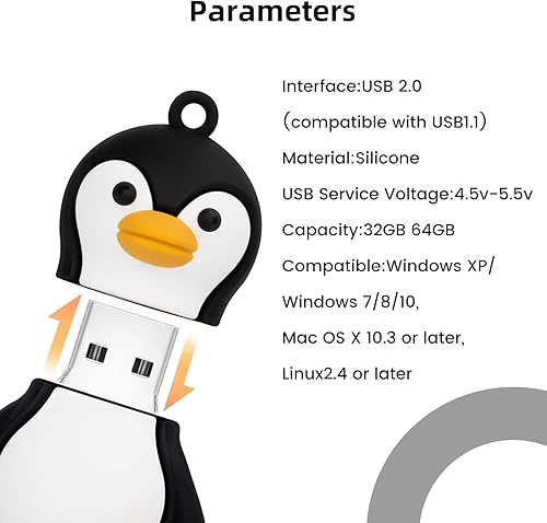 Miniatura 4 de Unidad flash USB de 64 GB, modelo de pingüino, unidad USB, memoria USB 2.0 para almacenamiento externo de datos