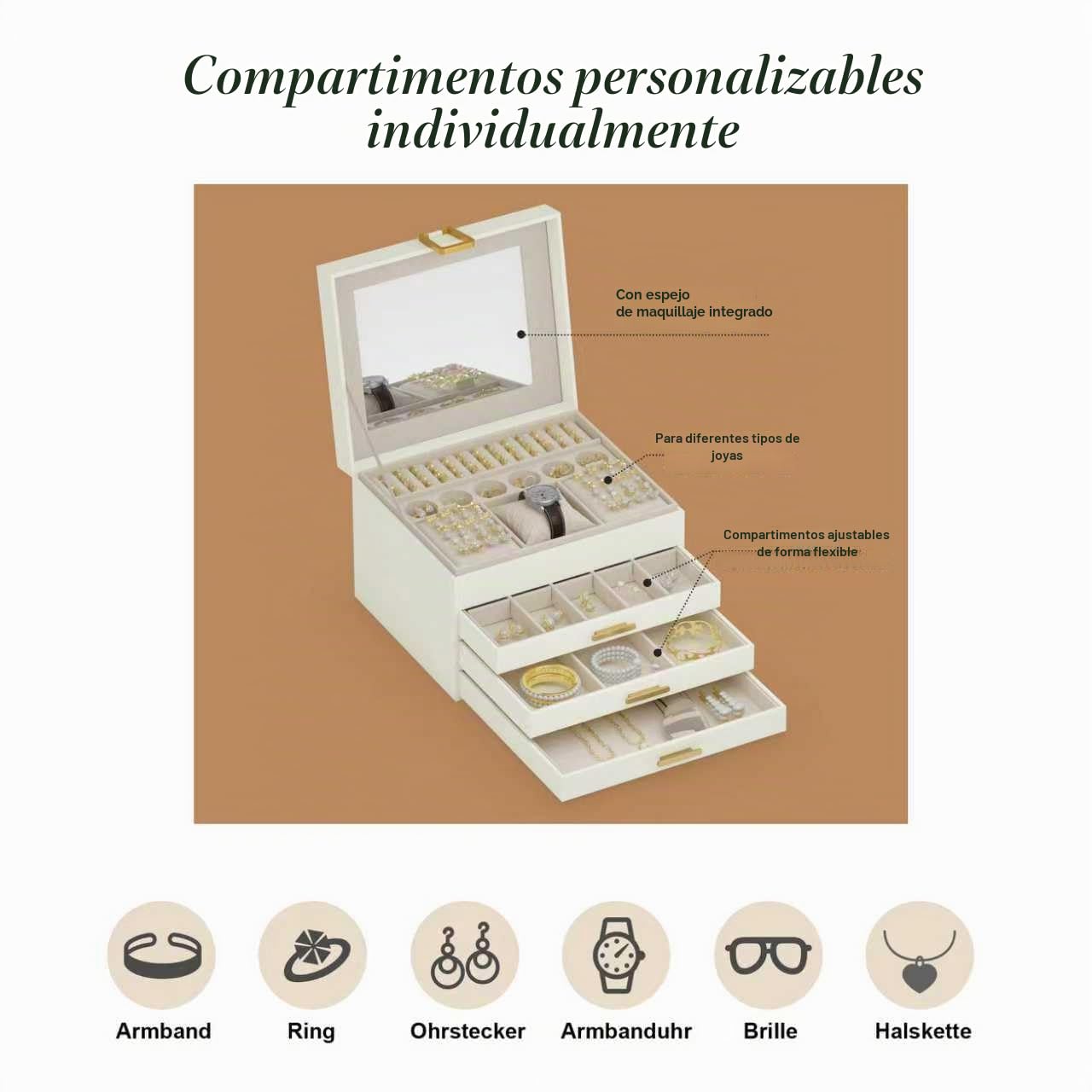 ADEL DREAM Joyero con 4 niveles caja de joyas con cierre joyas grandes regalo para mujeres hijas y amigos en cumpleaños color crema