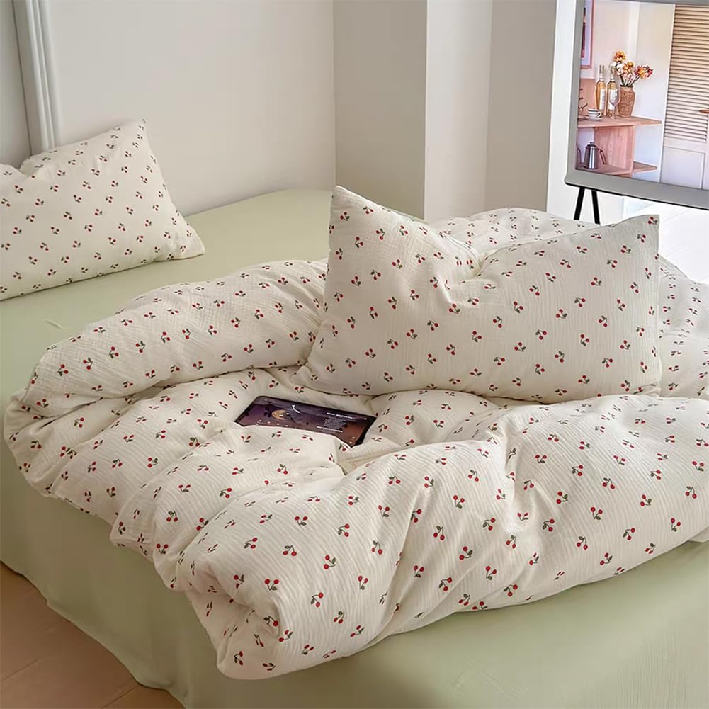 AShanlan Biancheria da letto per bambini 135x200 in mussola di cotone, biancheria da letto per bambini ragazze 135 x 200 cm + federa 40x80 cm, motivo ciliegie rosse, certificato Oeko-TEX, copripiumino
