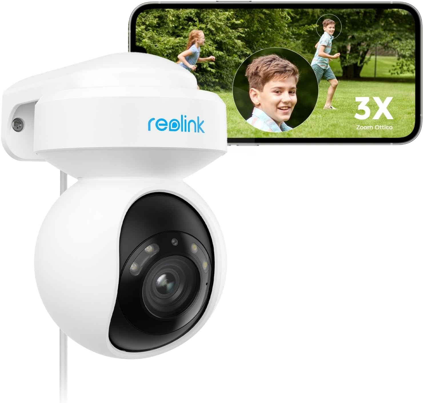 Telecamera Wi-Fi Reolink PTZ da esterno da 5 MP con zoom ottico 3X, WiFi 2,4/5 GHz, visione notturna a colori, tracciamento automatico, rilevamento di persone/veicoli/animali, audio bidirezionale, cloud, E1 Outdoor