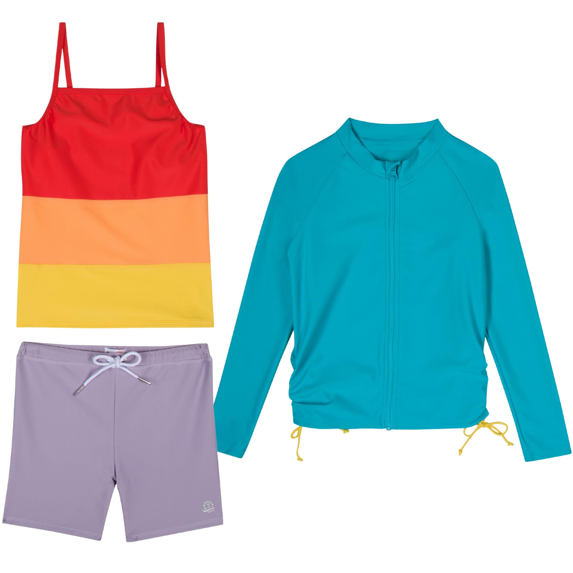 SwimZip Conjunto de natación de 3 piezas para niña con camiseta de manga larga, tankini y pantalones cortos UPF 50+