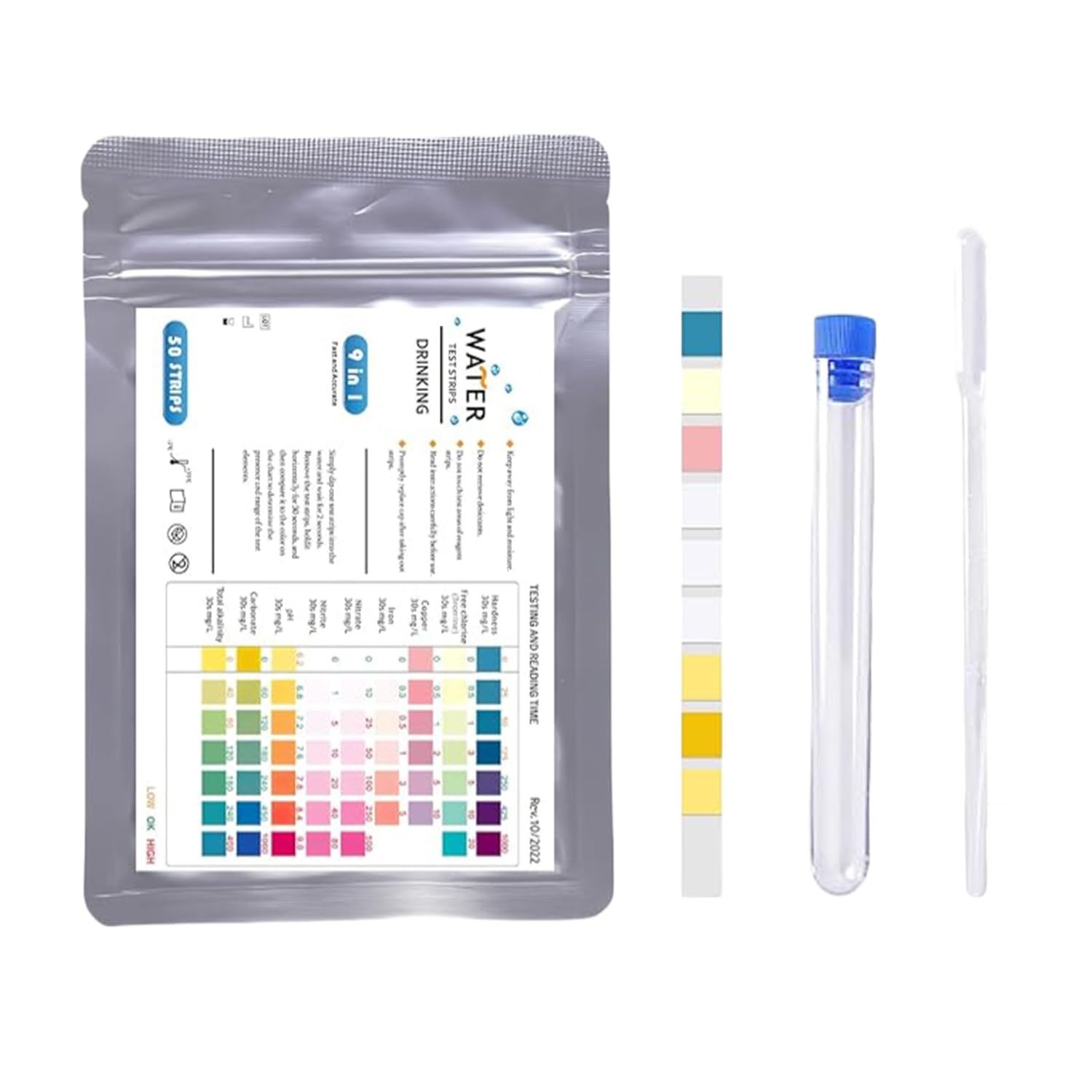ElioVelluL 50 PCS Aquarium Test Strips Kit, 9-in-1 Fish Tank Water Test Kit with Test Tube & Dropper, Aquarium Water Testing Set for pH, Nitrate, Nitrite, Hardness, Alkalinity, Pond & Fish Tank