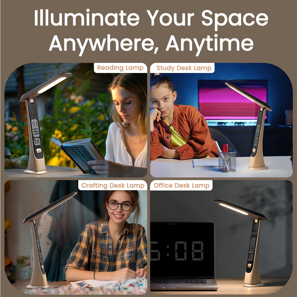 Lámparas recargables inalámbricas, lámpara de escritorio portátil plegable, luces a pilas con brillo continuo y visualización de tiempo para oficina en casa, luces de libros, accesorios de 4