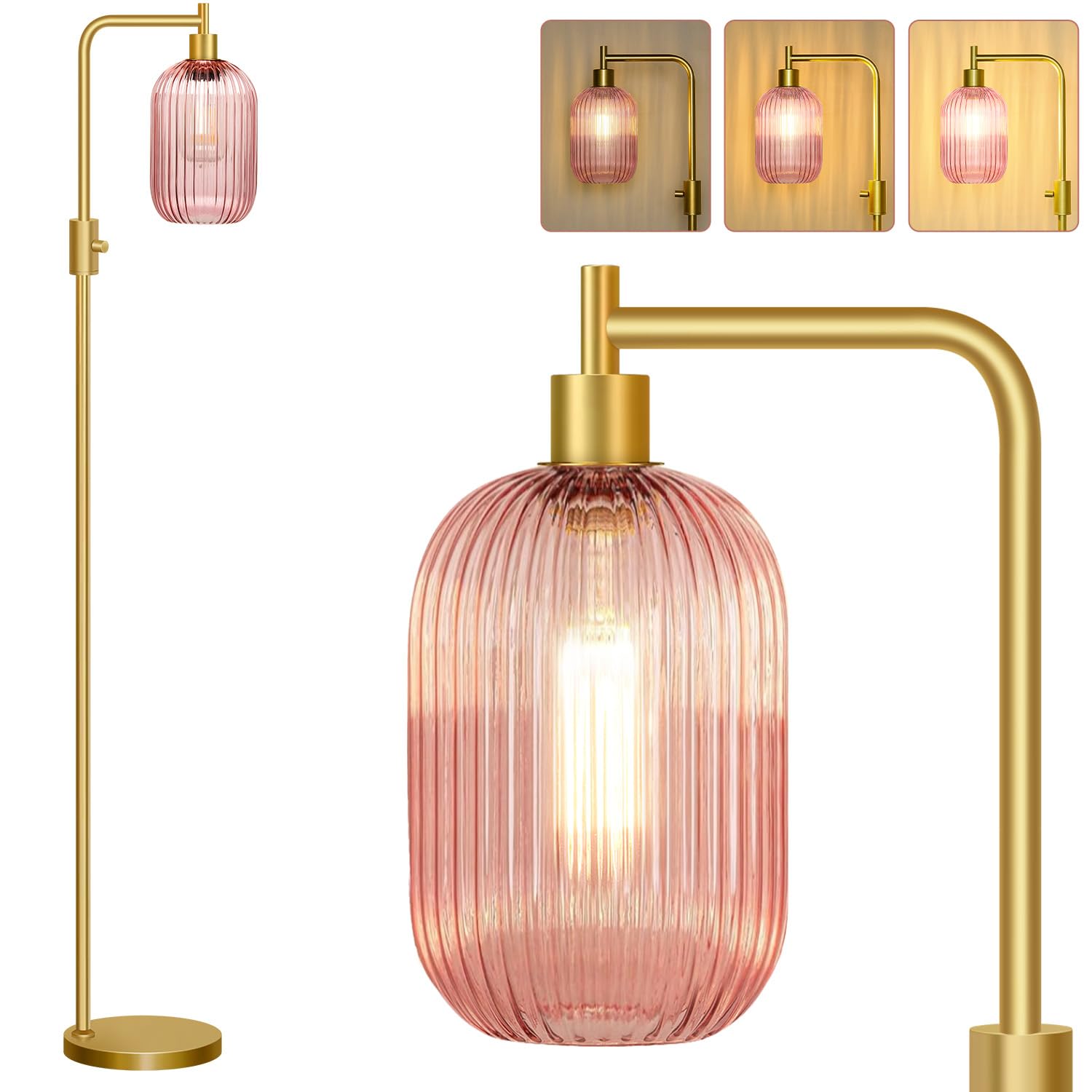 Photo 1 of ?Upgraded? Dimmable Glass Floor Lamp for Living Room, Modern Gold Standing Lamp with Pink Ribbed Glass Lampshade & Knob Dimmer, Arc Tall Lamp for Bedroom Office Reading Room, 2700K Led Bulb Included