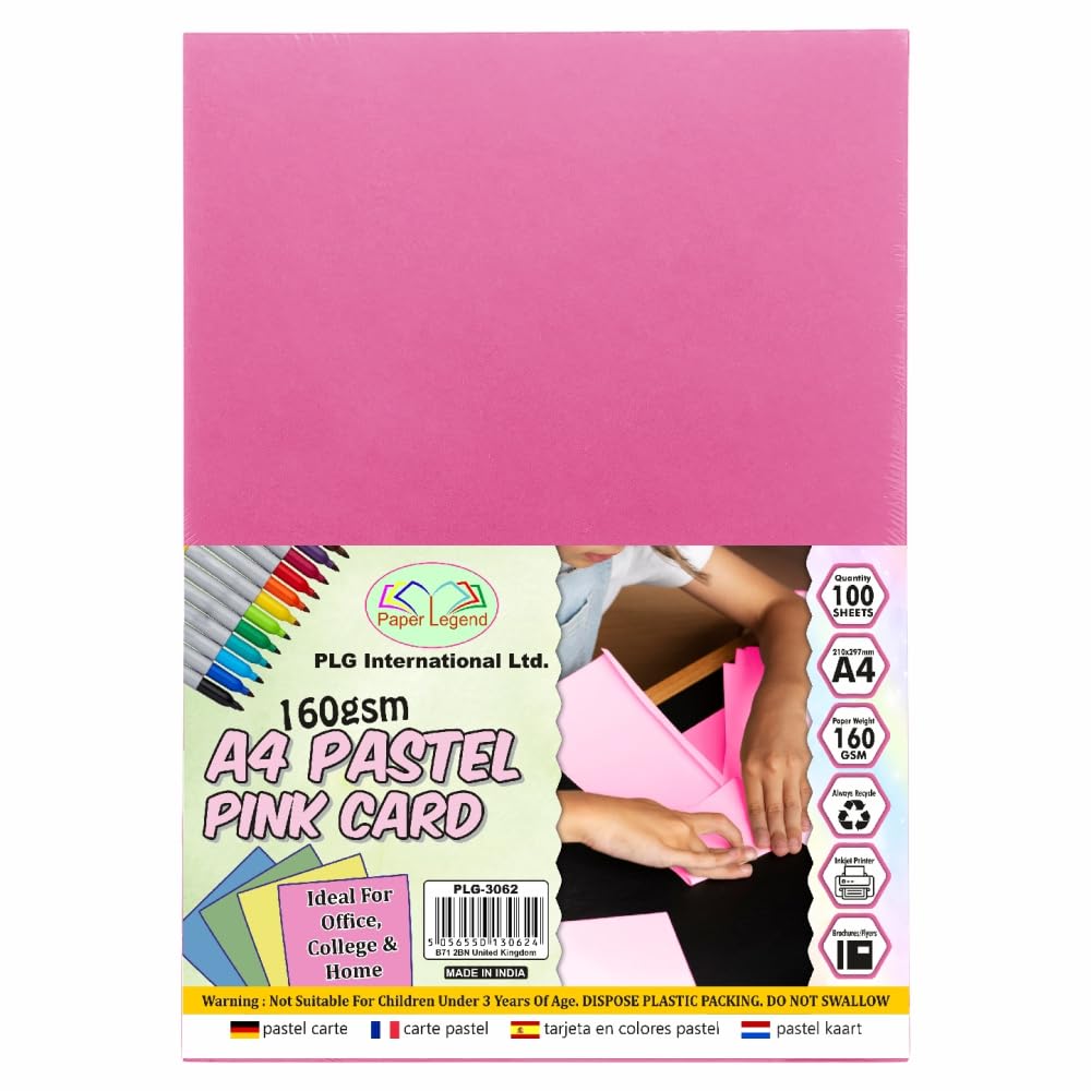 A4 Pastel Cards, 160 GSM Activity Card, 100 Coloured Sheets | Print & Craft Card, Kids DIY Paper Craft, Card Making for Home School Office (Pack of 7, Pink)