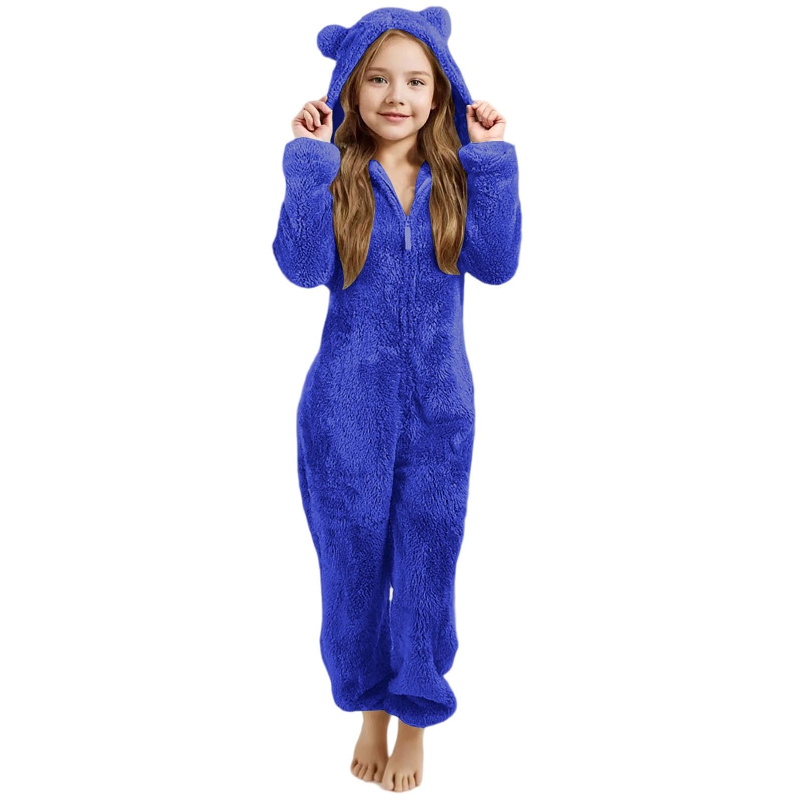 Generico Tuta Intera Bambina in Pile con Cappuccio Orecchie da Orso, Body Invernale Morbido con Zip per Bambine 3-12 Anni, Completo Unico Caldo per Attività all'Aperto
