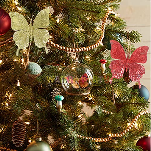 Image of Wanna Party Large Butterfly Christmas Hanging Ornaments (Pack of 2) | Red & Gold Glitter Xmas Decor (15x17cm) | Shatterproof Charms for Tree, Wreaths & Gift Wrapping