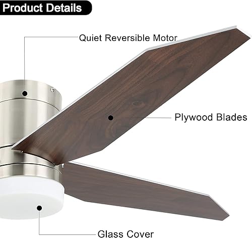 Miniatura 2 de Ventilador de techo de 52 pulgadas con luz y control remoto, ventilador de techo LED de perfil bajo de 4 aspas, motor reversible silencioso,