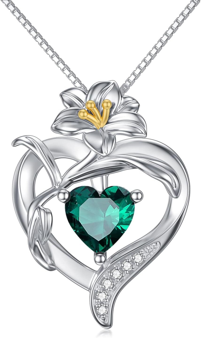 TOUPOP Birth Flower Necklace 925 Sterling Silver Heart Birthstone Pendant Necklaces Birth Month Floral Jewelry Birthday Christmas Gifts for Women Her