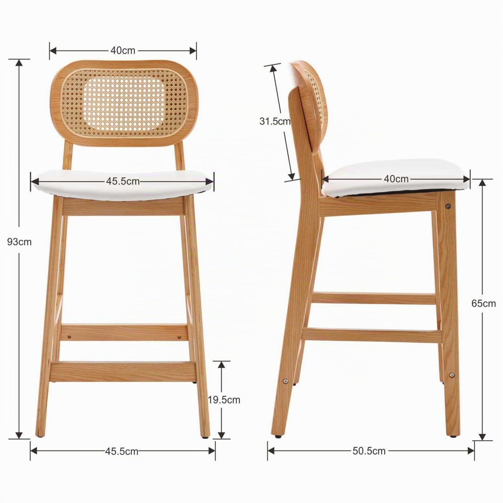 Ya-Home Juego de 2 Taburetes Altos de Cocina Patas de Madera,Blanco | Silla Alta de PU Cuero, Patas de Madera, Respaldo de Ratán, Cojin Comodo, para Isla Cocina/Bar/Bistró,MAX 113KG