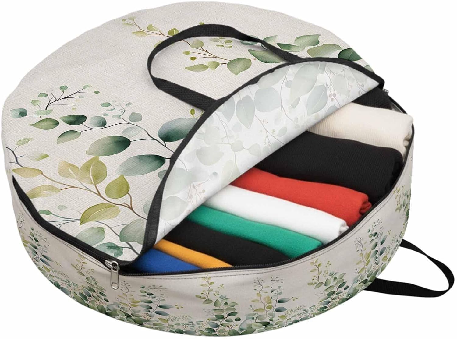 Eucalyptus Leaf Round Storage Bag 36 Inch, Country Green Plant Linen Texture Clothes Storage Container with Handles Heavy Duty Organizer for Comforter, Bedding & Holiday Wreaths