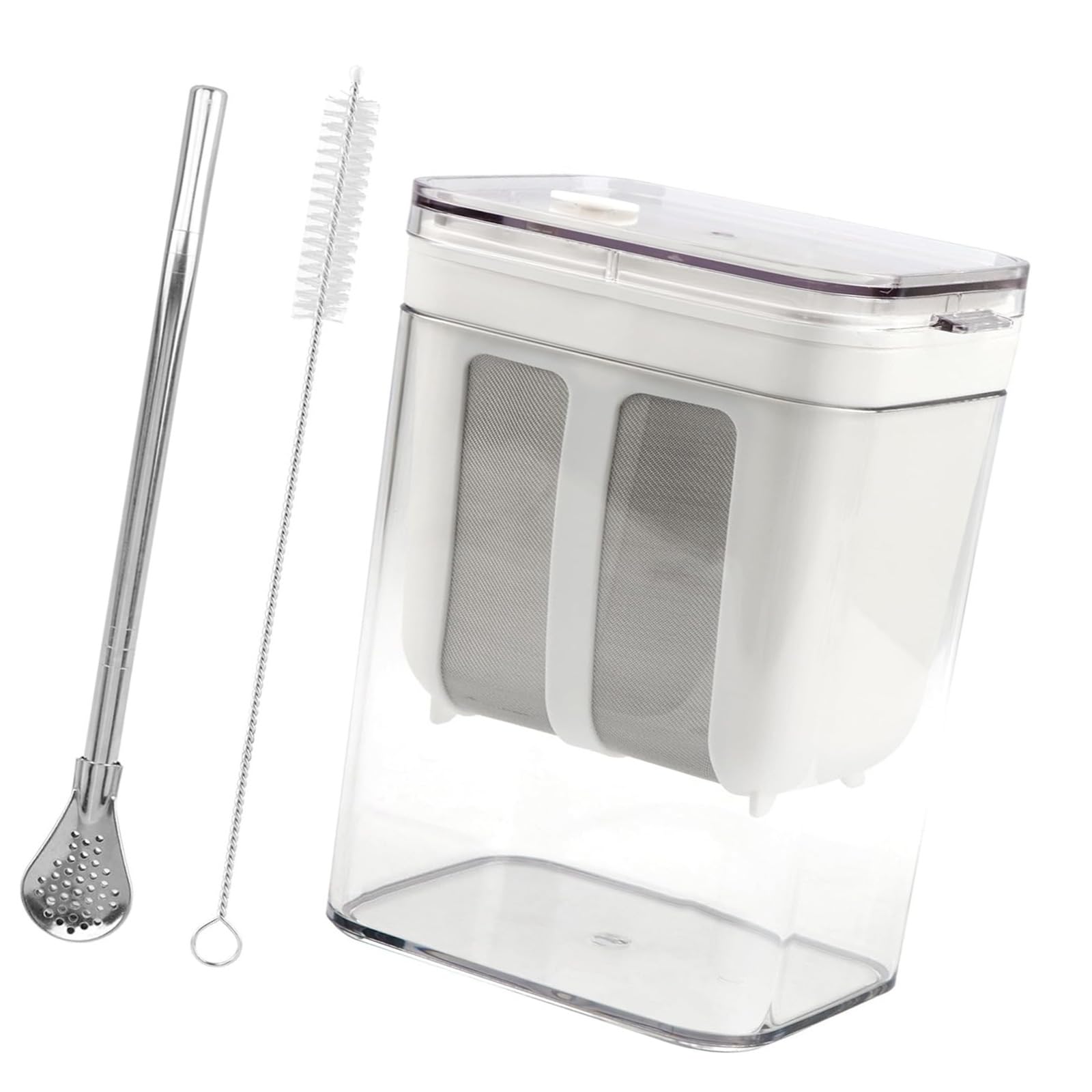 Fine Mesh Yogurt Strainer Set with Lid, Homemade Yogurt Container for Whey Separation, Spoon and Mesh Brush for Home Kitchen Prep and Storage Homemade Whey Separator Filter Kitchen Strainer Basket Tub