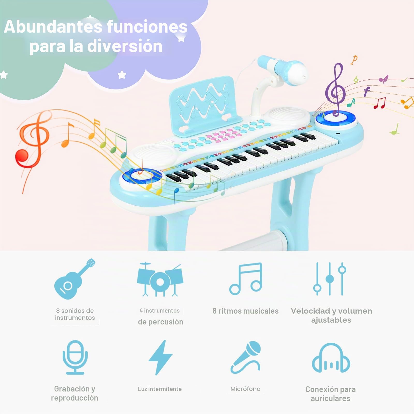 RELAX4LIFE Piano Infantil 37 Teclas con Micrófono, Soporte, Atril y Taburete, Piano Eléctrico con Función de Grabación, 8 Tonos, 8 Ritmos, USB/MP3 para Niños 18+ Meses, Juguetes Niños 1 Año (Azul)